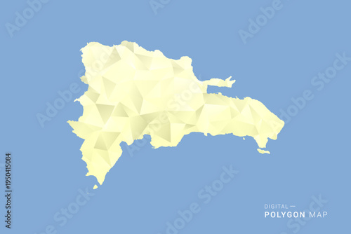 Dominican Republic Map in low poly polygon vector style, geometric shape illustration with soft yellow tones on blue background, clean silhouette for infographic.