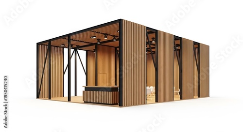 Modern wooden exhibition booth design with black metal frame and ambient lighting