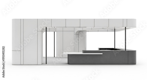 Modern minimalist retail kiosk design with clean lines and geometric shapes for a contemporary commercial space