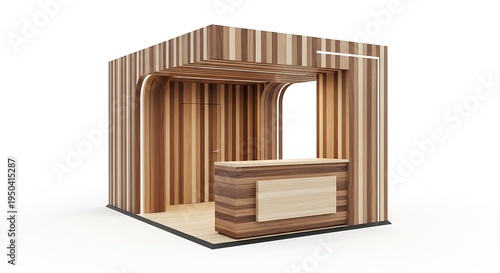 Modern minimalist exhibition booth design with natural wood finishes and sleek contemporary counter, perfect for trade shows and events