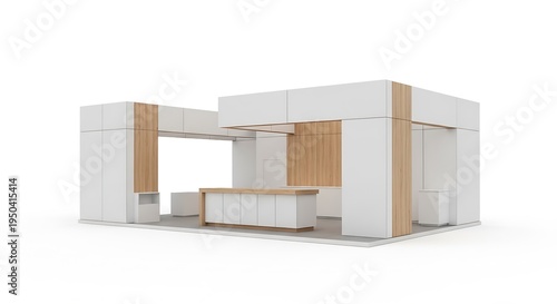 Sleek and modern exhibition stand design concept featuring clean lines and wood accents, an empty corporate tradeshow booth for presentation and branding