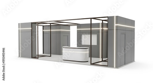 Modern Professional Event Booth with Integrated LED Lighting and Elegant Reception Desk in a Minimalist Design on White Background