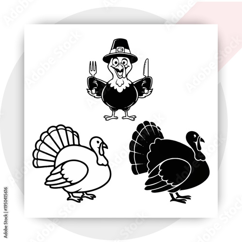 Thanksgiving silhouettes collection with turkey pumpkin leaves and harvest icons, black autumn holiday elements set black and white icon