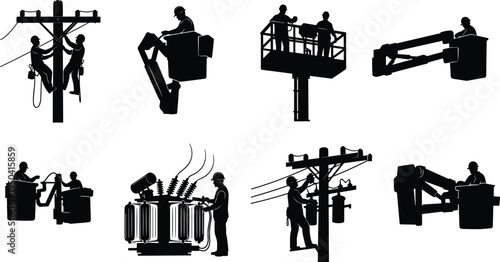 Electric utility workers silhouettes set, linemen repairing power lines with bucket trucks and transformers, electricity maintenance technicians vector illustration isolated on white
