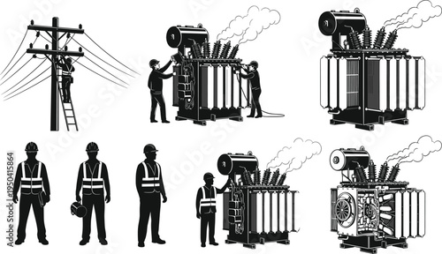 Electric utility workers and power transformer maintenance silhouettes set, electrical line technician repairing high voltage equipment and utility pole vector illustration