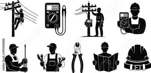 Electrician worker tools and equipment silhouettes set, electrical technician with multimeter, pliers, helmet and utility pole maintenance vector illustration collection