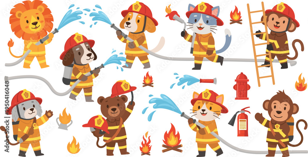Fototapeta premium Cute Animal Firefighter Cartoon Character Set Featuring Lion Dog Cat Bear and Monkey Fire Rescue Heroes with Hose Ladder Flames and Safety Equipment