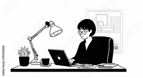 Person in glasses working on laptop at desk with lamp, plant, and books