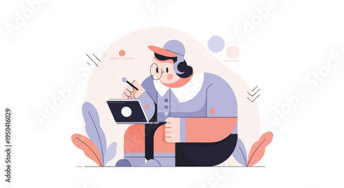 Person wearing headphones and glasses, working on a laptop with a stylus