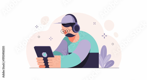 Person wearing headphones, glasses, and cap, engrossed in a digital tablet