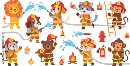 Cute Animal Firefighter Cartoon Character Set Featuring Lion Dog Cat Bear and Monkey Fire Rescue Heroes with Hose Ladder Flames and Safety Equipment