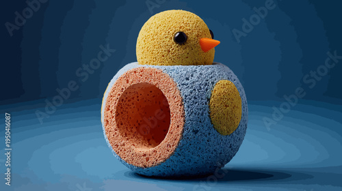 A charming, textured sculpture of a bird, composed of porous materials, set against a gradient backdrop