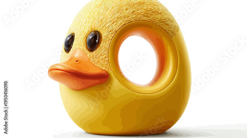 A whimsical, vibrant yellow duck-shaped object with a ring-shaped body and a white inner circle