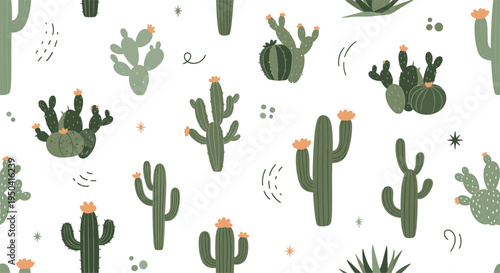 Seamless pattern with various hand drawn cactus and succulents, desert botanical background with green cacti isolated on white