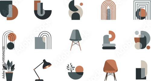 Abstract geometric shapes, furniture, and plants in muted earth tones