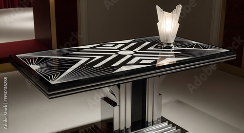A glamorous, Art Deco-inspired table with a black lacquer top inlaid with geometric patterns of mother-of-pearl and a chrome-plated base.
