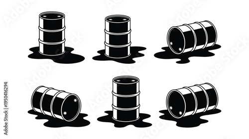 Set of crude oil barrels with black puddle, metal drum container for gasoline, diesel, fuel