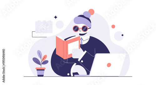 Stylized illustration of a person reading a book next to a laptop, with a plant and abstract shapes