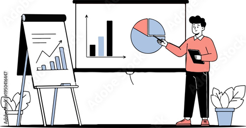 Person presenting business charts on screens and easel