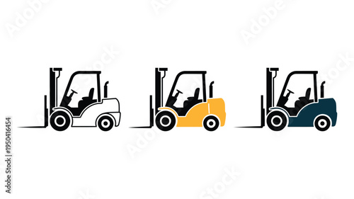 Set of three forklift trucks, one outline, one yellow, one blue, for material handling and logistics.