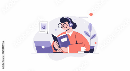 Person with headphones reads book at desk with laptop and coffee