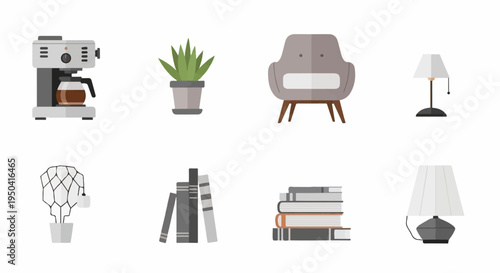 Assortment of home decor and appliance icons coffee maker, plants, chair, lamps, books