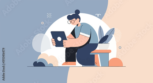 Person wearing glasses and bun hairstyle using a tablet device