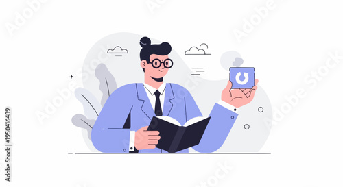 Person in suit holding book and electronic device