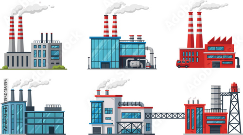 Industrial factory buildings collection, power plant facilities, manufacturing industry infrastructure, refinery and electricity production plants, modern flat vector illustration isolated set