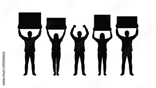 Silhouettes of five people holding blank signs, protest and demonstration concept