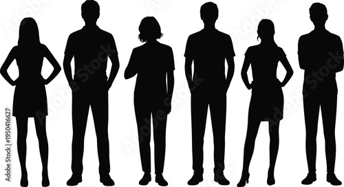 Full length silhouette of diverse casual group of people standing together in a row isolated on white background for teamwork and community concept
