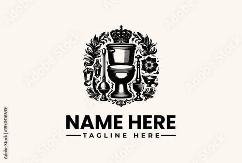A logo design featuring a goblet with a crown, surrounded by floral patterns and text placeholders for a name and tagline on a beige background.
