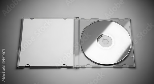 A grayscale image of an open, transparent case with a disc and blank insert