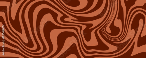 Retro coffee color background. Milk chocolate liquid dessert texture. Wavy swirl candy pattern for poster, cover, banner, pamphlet. Vintage brown trippy hippie wallpaper in 60s or 70s style. Vector
