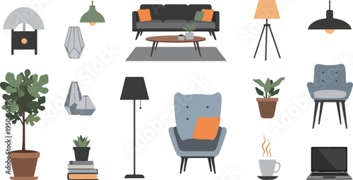 Various home decor items including furniture, plants, lamps, and a laptop