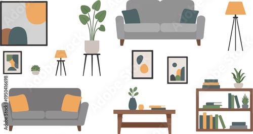 A collection of modern living room furniture and decor in flat design