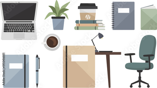 A flat illustration of a desk setup with a laptop, coffee, books, and chair