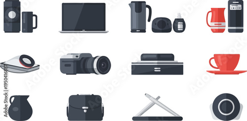 A grid of assorted electronic and household items including electronics, kitchenware, and accessories