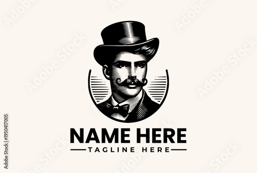 A black and white illustration of a man in a top hat and bow tie with a mustache, surrounded by a circular design and text placeholder for a logo or icon.
