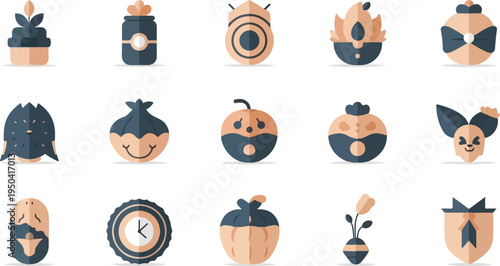 Collection of 15 cute, stylized flat icons in peach and navy tones
