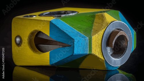 Close-up of a colorful, geometric object on a reflective surface against a dark backdrop