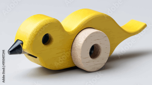Wooden toy bird painted yellow with black beak and black eye. Features a wooden wheel for movement