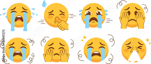 Set of sick and crying emoji characters, cartoon illustrations of yellow faces with cold, flu symptoms and sad emotions isolated on white