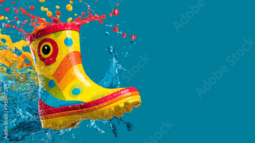 A colorful, patterned rain boot is splashed with water and colorful droplets against a blue background
