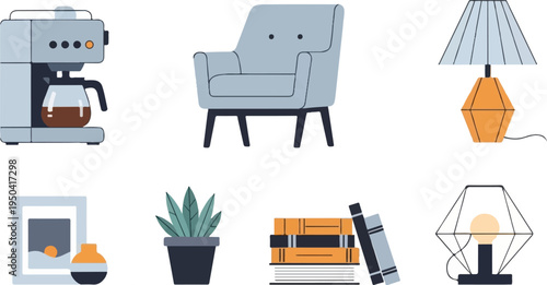 Flat illustration of home decor items coffee maker, armchair, lamps, books, plant, and picture