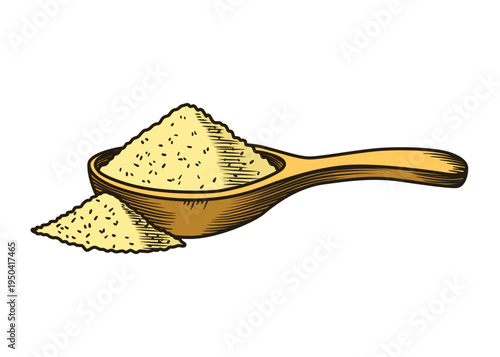 Cane sugar. Product from sugarcane plant. Engraving hand drawn natural organic food or natural ingredient. Fresh sugar pours out of a measuring spoon