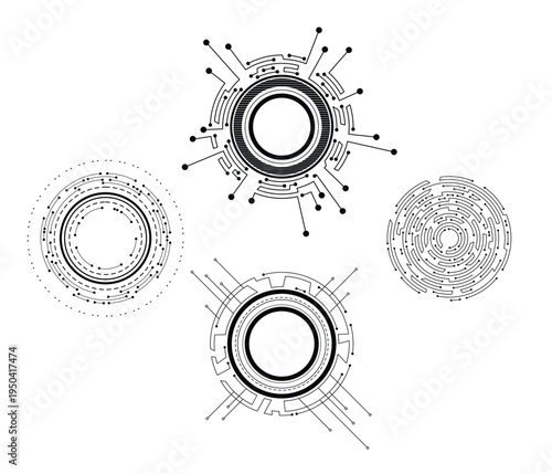 Circuit board circle frames. Abstract digital round frame, hardware board and electronic motherboard pattern vector set. Programming science, computer system elements