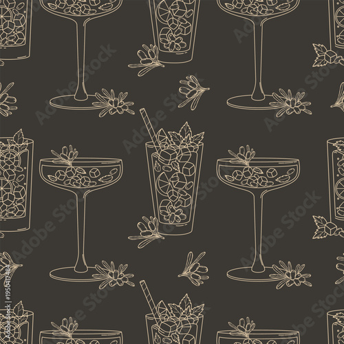 Sea Buckthorn Cocktail Glass Seamless Pattern. Outline Refreshing Beverage with Berries, Mint, Lime and Ice Cubes on Black Background. Vector Illustration. Hand Drawn Drink Contour Line Art