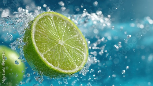 Fresh Lime Slice Splashing in Clear Water with Bubbles