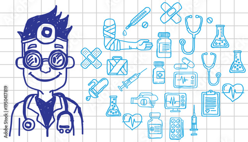 Healthcare Illustration with Doctor and Medical Icons on Grid Background